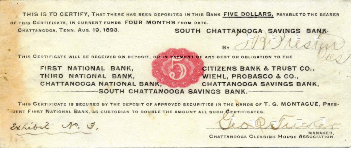 $5 1893 clearing house scrip